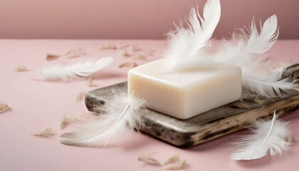 White soap bar and feathers on pink background with copy space