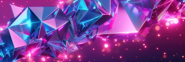 Poster - Vibrant 3D Polygon Texture with Neon Glow Lines and Glitter Effect
