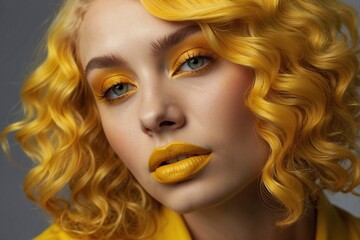 Wall Mural - Close-up of a woman with brightly yellow hair, yellow creative makeup