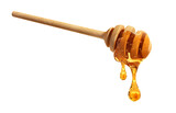 Fototapeta Dmuchawce - Fresh honey dripping from wooden honey dipper on white background - 3D illustration