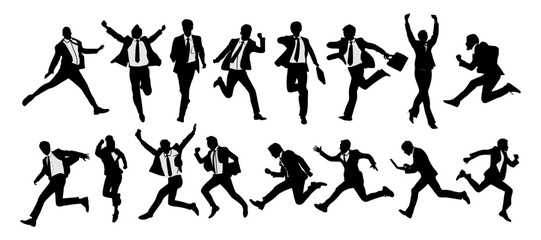 Wall Mural - Silhouettes of diverse business people running, jumping, celebrating, success, men and women full length, front and side view. Vector monochrome illustration isolated on white background.