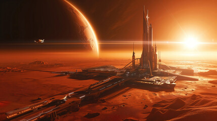 Wall Mural - landscape of an alien planet, beautiful view of red desert on another planet, fictional sci-fi backg