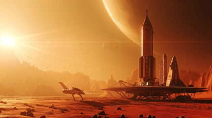 Wall Mural - landscape of an alien planet, beautiful view of red desert on another planet, fictional sci-fi backg