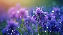 Beautiful Purple Wildflowers With Grass And Droplet Of Morning Dew Or Raindrop At The Field. Green Grass For Nature Concept Background.