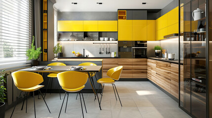 Wall Mural - Contemporary interior, chic kitchen with yellow paneled wall, cabinetry, sleek countertops and yellow dining chairs