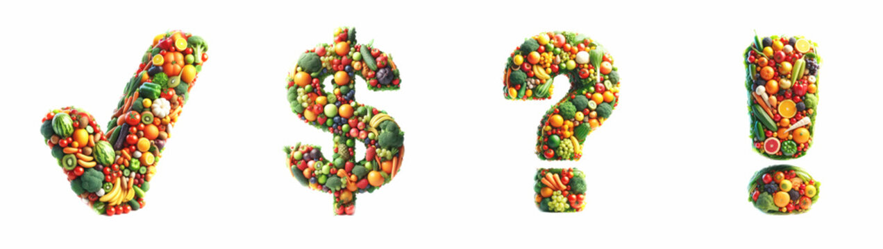 Fruits and Vegetables set - SPECIAL CHARACTERS check mark - $ - ? - ! . 3D isolated on a white background. Diet concept art. Healthy food. Organic fruits and veggies. Special characters and symbols 