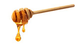 Fototapeta Dmuchawce - Fresh honey dripping from wooden honey dipper on white background - 3D illustration