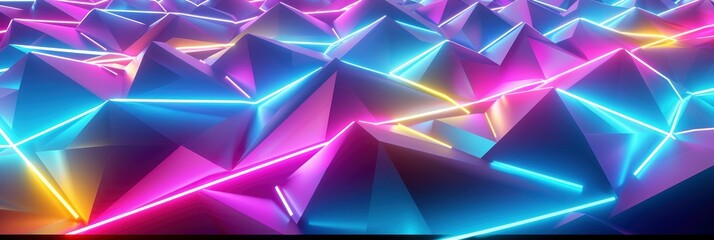 Poster - Vibrant 3D Polygon Texture with Neon Glow Lines and Glitter Effect