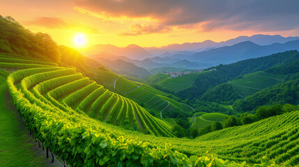 Sunset over lush green vineyard hills, with rows of grapevines and mountains in the background