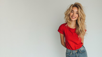 Wall Mural - Blonde woman wear red t-shirt smile laugh out loud isolated