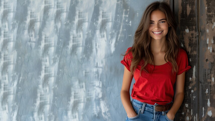 Brunette woman wear red t-shirt smile laugh out loud isolated