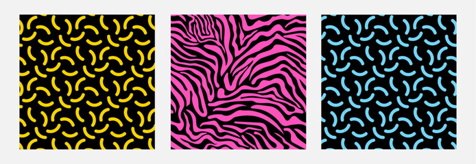 Aufkleber - Abstract vector backgrounds set in trendy 80s-90s style. Memphis seamless patterns with geometric elements, animals striped (tiger, zebra skin) texture for fashion print, wrapping paper, wallpapers.