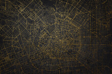 City Of Milan Italy Map, Milan City Map Black Gold. Golden Streets Of The City Milano In The North Of Italy.