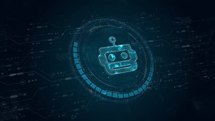 Poster - Motion graphic of Blue digital robot head logo and circle futuristic HUD with Ai chatbot and machine learning technology with artificial intelligence and robot icon concepts on abstract background