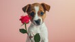 The dog is holding flowers in the paws as a gift for Valentine's Day on a gray background. St. Valentine's Day, Lovely jack russell terrier gives a gift, generative ai