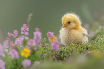 Poster - Chick in a Spring Meadow: A picturesque shot of a fluffy yellow chick exploring a lush, green meadow dotted with wildflowers. The chick's bright color contrasts with the natural beauty of the surround