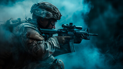 A fully equipped male soldier aims his rifle amidst billowing smoke