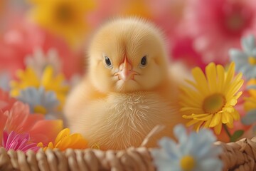 Poster - A petite chick perched beside a cluster of colorful eggs, evoking the festive spirit of Easter celebration.