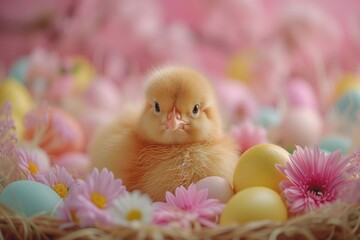 Poster - A petite chick perched beside a cluster of colorful eggs, evoking the festive spirit of Easter celebration.