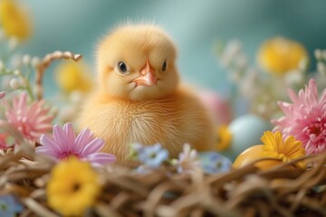 Poster - A petite chick perched beside a cluster of colorful eggs, evoking the festive spirit of Easter celebration.