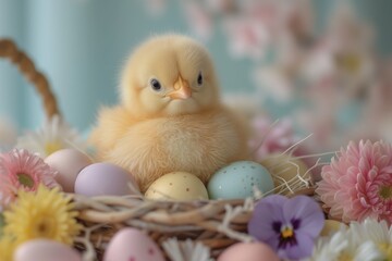 Poster - A petite chick perched beside a cluster of colorful eggs, evoking the festive spirit of Easter celebration.