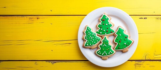 Christmas cookies on white plate with tree decorations