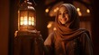 An enchanting image portraying a Malay woman wearing traditional clothing and a hijab, joyfully holding an Arabic lantern while celebrating Ramadan 