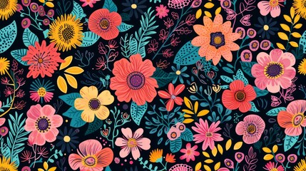 Wall Mural - Handdrawn flower, boho, , seamless pattern isolated on black background. Generative Ai