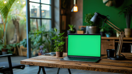 Wall Mural - Laptop with green screen mock up lying on table. Computer with chroma key template. MacBook display close up. Business mockup empty blank space. Modern gadget on wooden table in horizontal position.