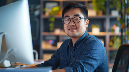 Plus size manager asian businessman CEO working on desk with computer laptop in modern office