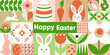 Geometric abstract seamless pattern for Happy Easter day poster, banner, wrapping, sale promotion template. Trendy vector illustration with bunny, Easter egg, flowers, simple forms, text. Neo geo art.