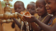 Children in Africa are drawn to drink water to quench their thirst. A village water tap with water in a drought. 