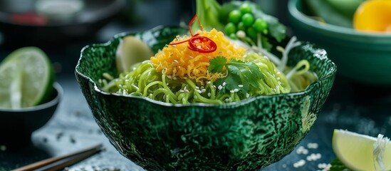Wall Mural - A dish consisting of noodles and vegetables in a green bowl placed on a table, showcasing a delightful blend of food, plant-based ingredients, and culinary expertise.