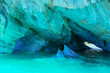 Sculpted turquoise blue chapels of  Marble caves or Cuevas de Marmol at turquoise General Cerrerra Lake. Location Puerto Sanchez, Chile