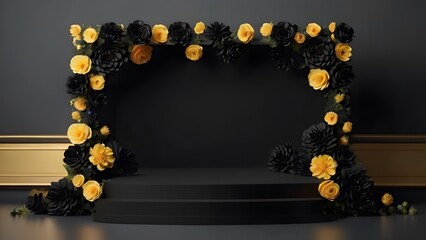 Wall Mural - Black podium with black and yellow flowers on dark background