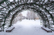 Arch made of metal rods for climbing plants in a city park in winter