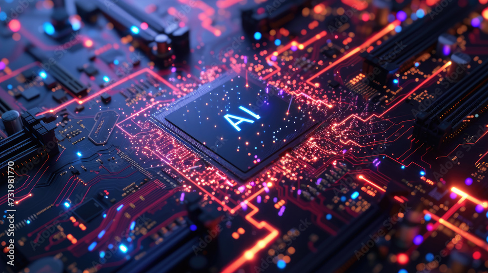 Glowing AI processor on dark circuit board, core of artificial ...