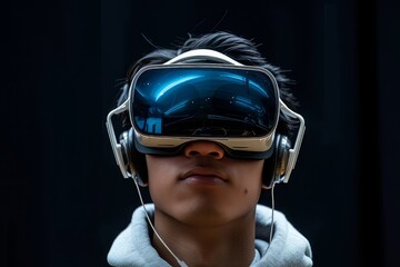 front view man using futuristic VR headset glasses
