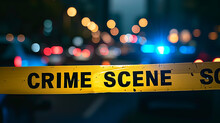 Crime Scene Tape With Blurred Police Lights At Night.
