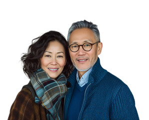 Wall Mural - Portrait happy Asian middle age couple smiling at the camera isolated background,