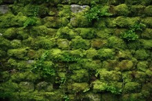 Beautiful Bright Green Moss Grown Up Cover The Rough Stones And On The Floor In The Forest.
