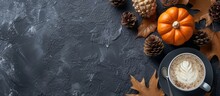 Fall-themed Web Banner With Pine Cones, Pumpkins, Dried Leaves, And Pumpkin Latte On Dark Grey Stone Surface, Top View, Copy Space, Creating A Cozy Flat Lay.
