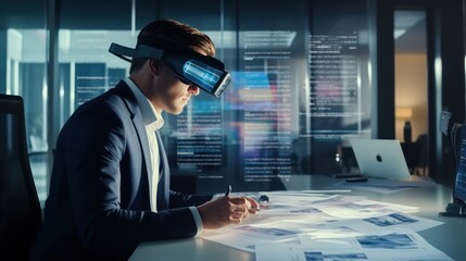 Businessmen using VR glasses and laptops on work desks to view financial documents, graphs, and tables online, financiers inside the office at the workplace, future, gadgets, neon sty.