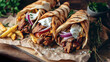 Gyro pita, shawarma, Traditional greek turkish, meat food closeup