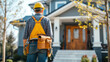 © Nuchylee - Back of professional handyman or repairman with bag and tools walking into the front door house