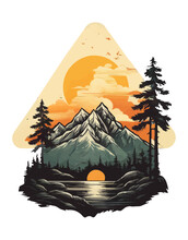 Abstract Vintage Design With Mountain, Sun,  Pine Tree For Print. Camping Vector Artwork For Sticker, Poster, Background 