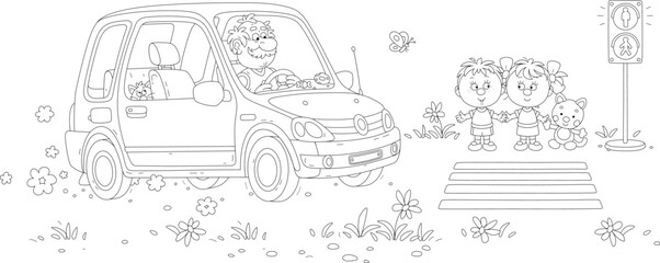 Funny elderly driver in his small car and a little children with a funny cat waiting for green traffic light at a pedestrian crossing of a town street near a park on a sunny summer day