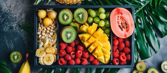 Canvas Print - A tray on a table holds a mix of natural foods including fruits and vegetables, making it a colourful and nutritious assortment.