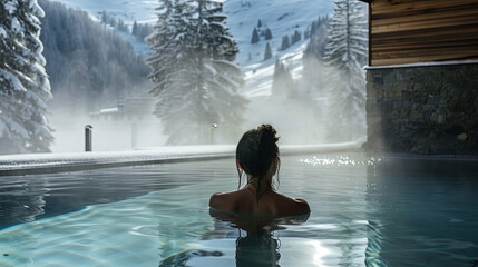 Wall Mural - Girl in the pool relaxing and looking at the mountains