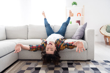 Poster - Photo of carefree good mood guy dressed checkered shirt lying sofa upside down having fun indoors house home room